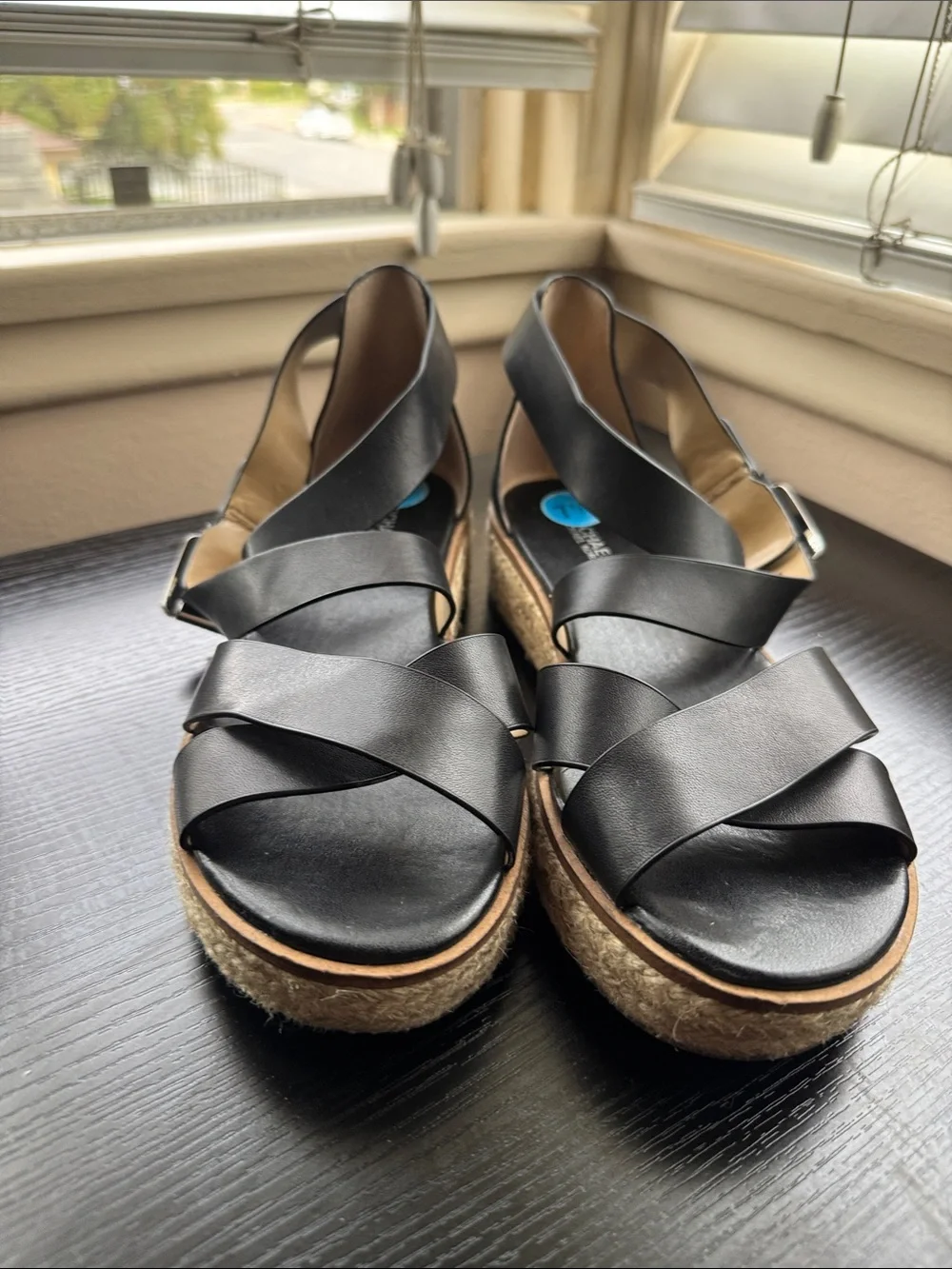 Black Leather Crisscross Espadrille woven Wedges - Women sandals